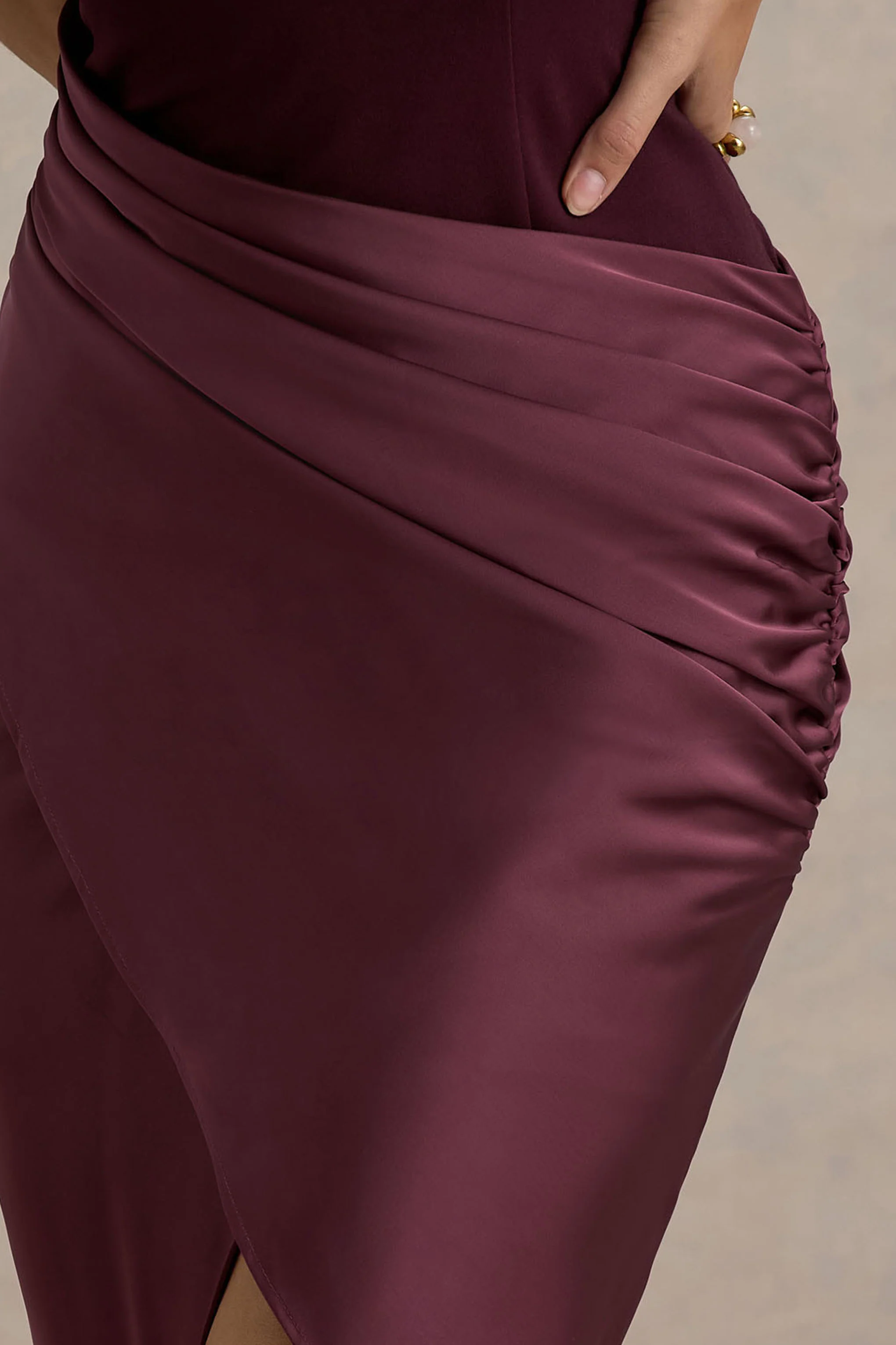 All Yours | Dark Cherry Satin High-Neck Wrap Midi Dress - Image 6