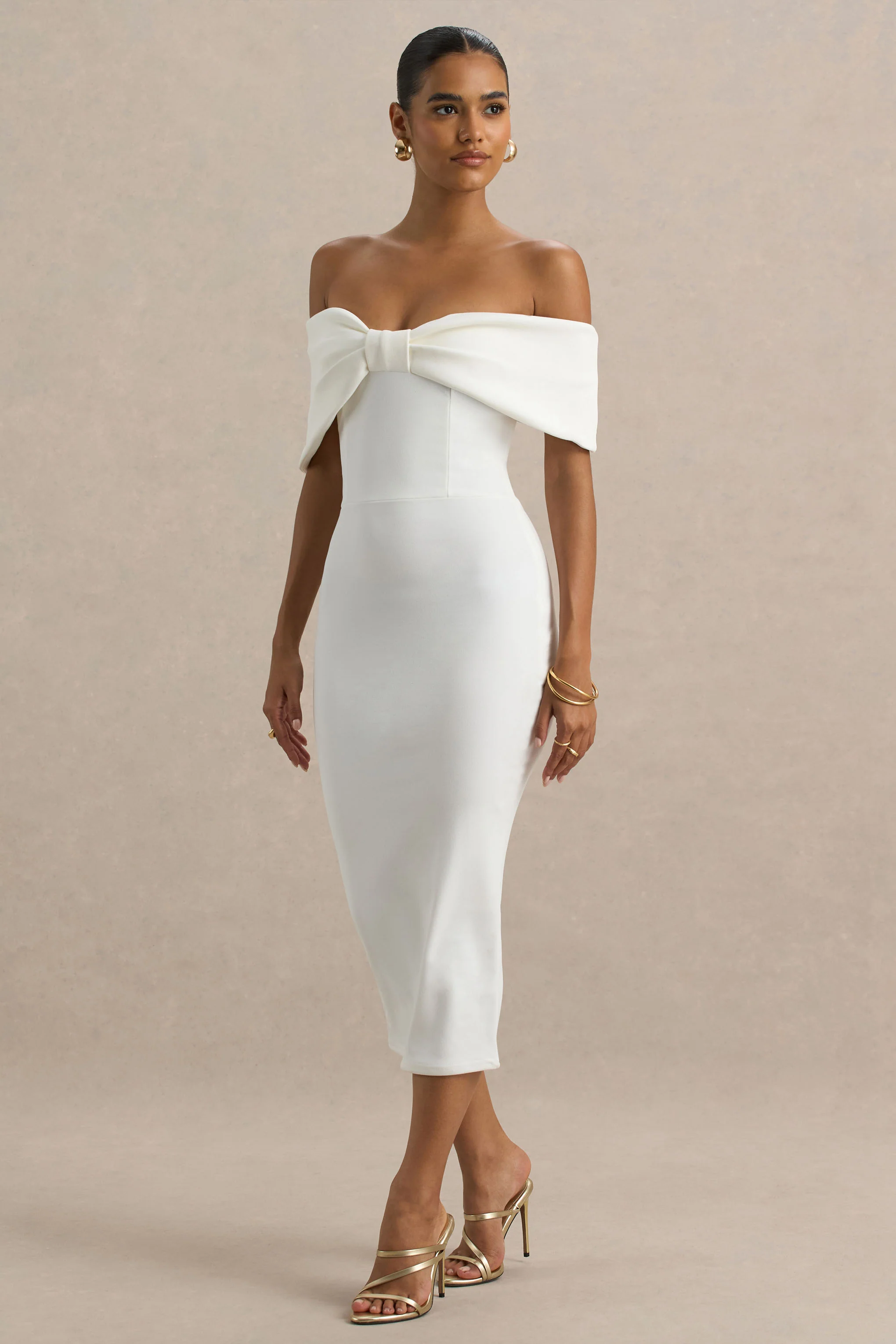 Bayshore | White Bow Bardot Midi Dress - Image 3