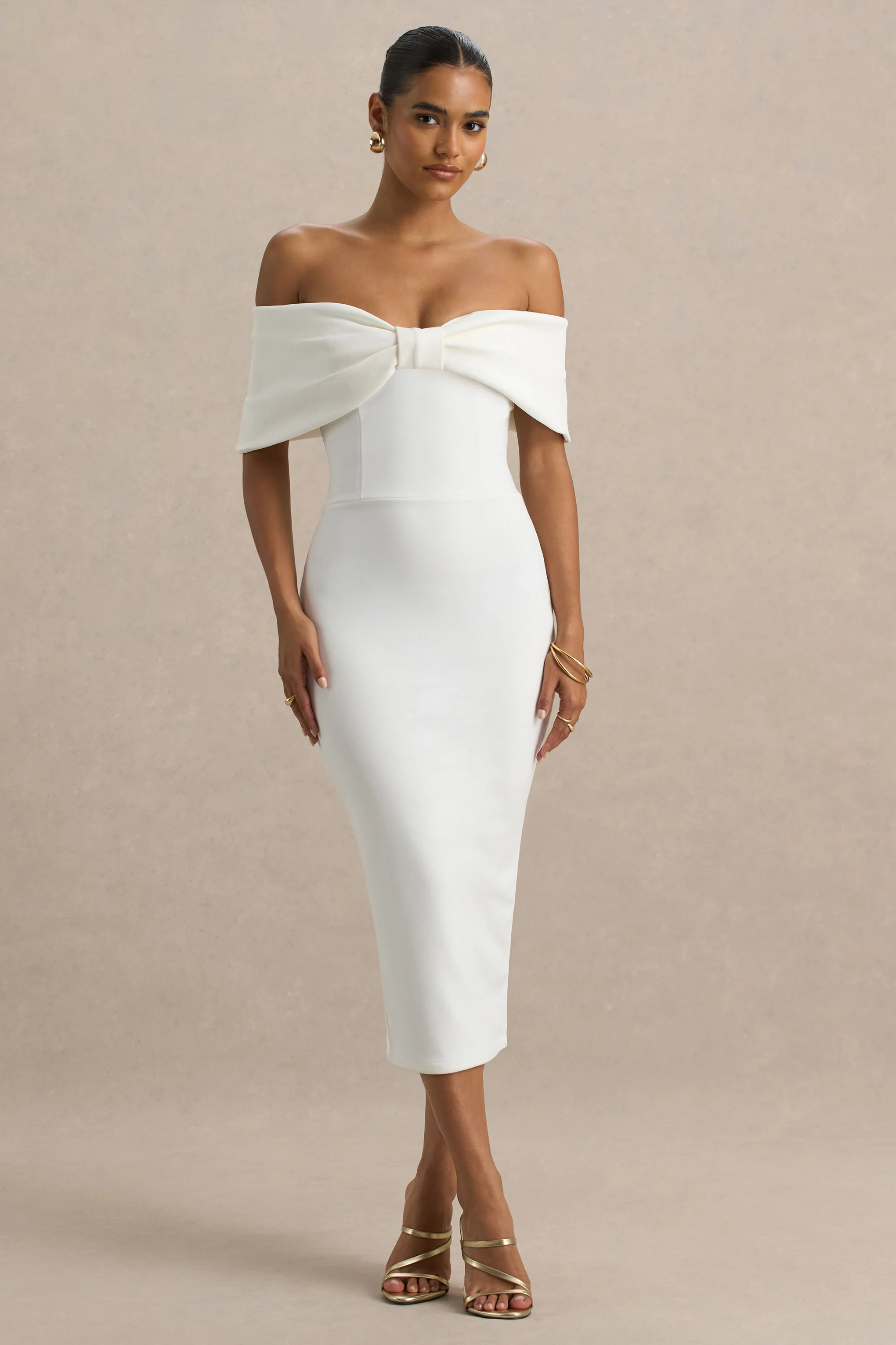 Bayshore | White Bow Bardot Midi Dress - Image 4