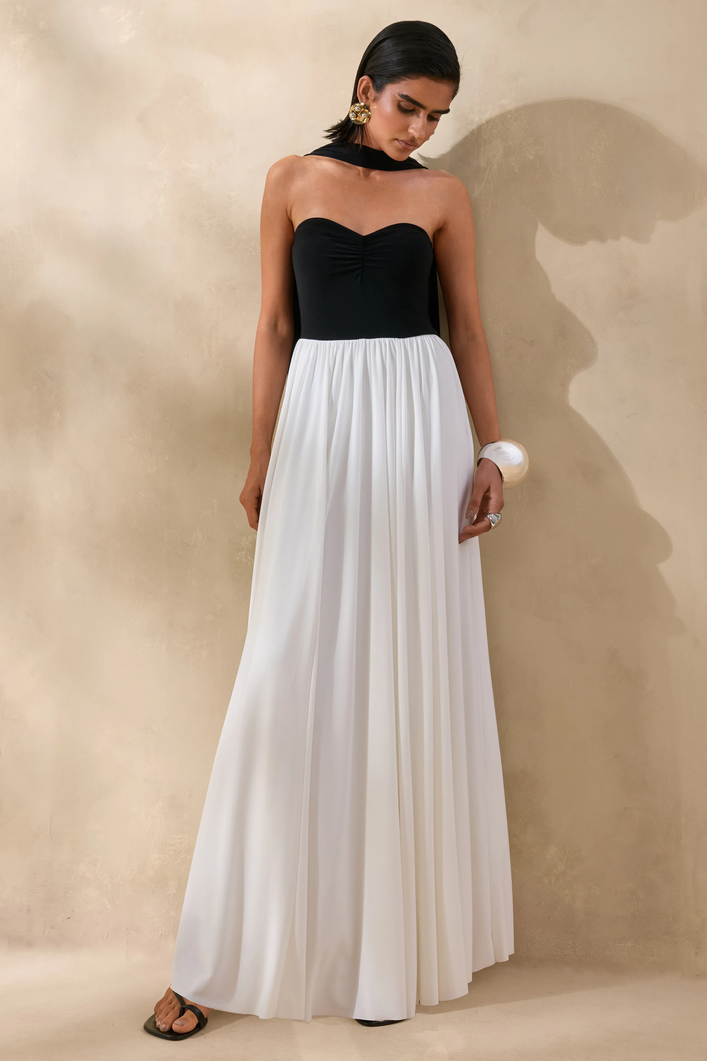 Beamora | Black & White Bandeau Maxi Dress With Cape - Image 3