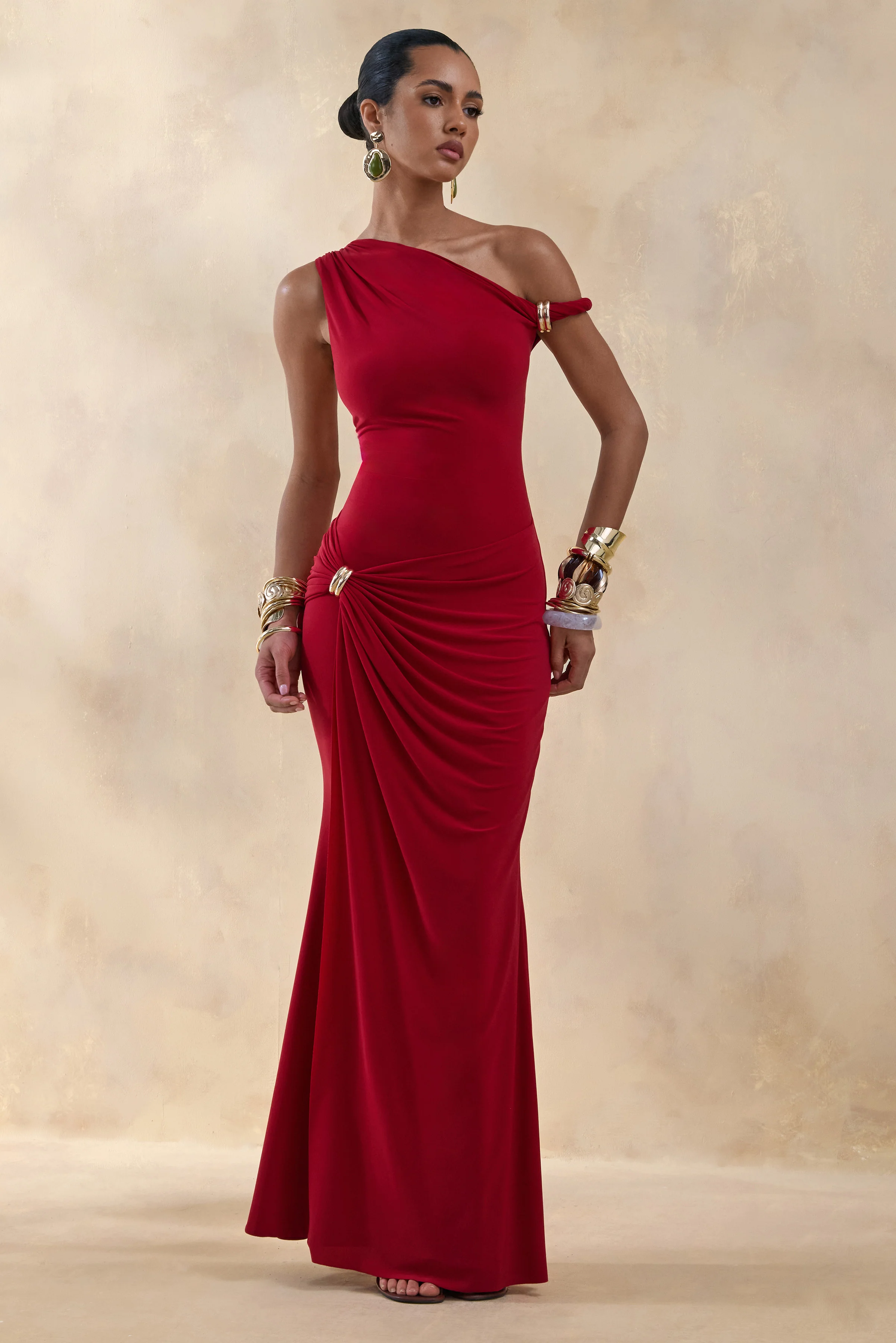 Caelia | Red Asymmetric-Neck Maxi Dress With Gold-Detailing And Sash - Image 4