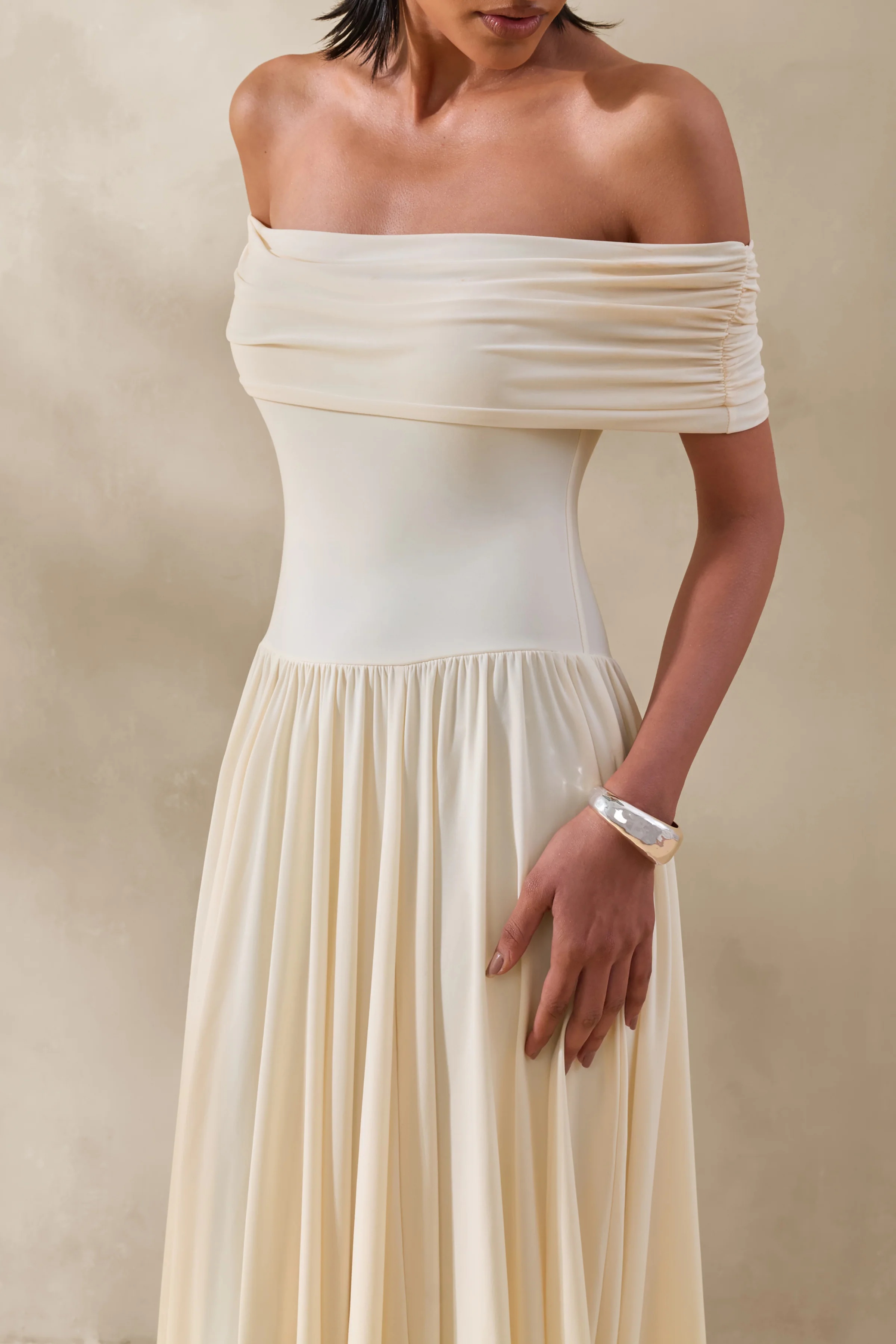 Cindie | Cream Bardot-Neck Maxi Dress - Image 3