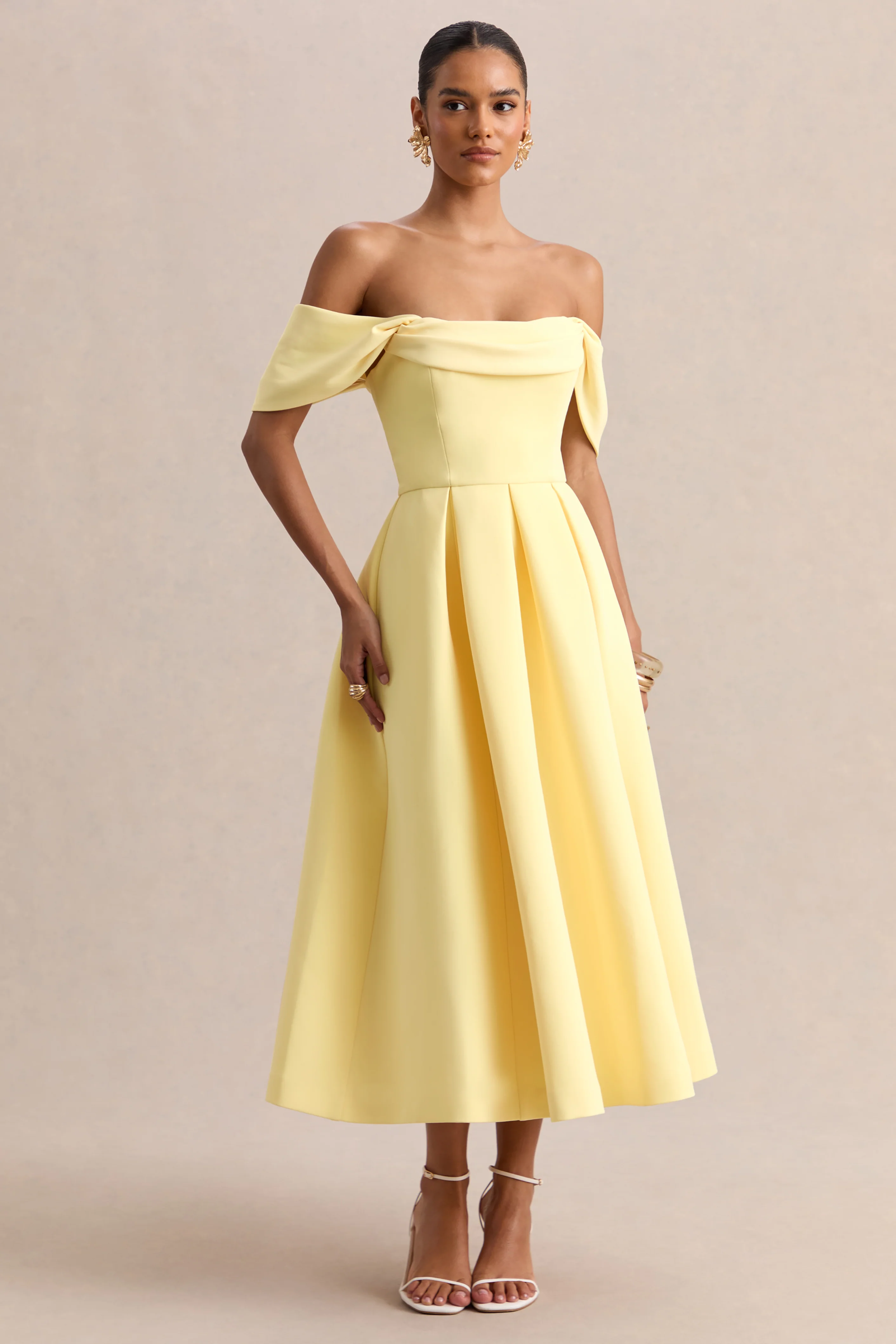 Cosima | Lemon Bardot-Neck Midi Dress - Image 4