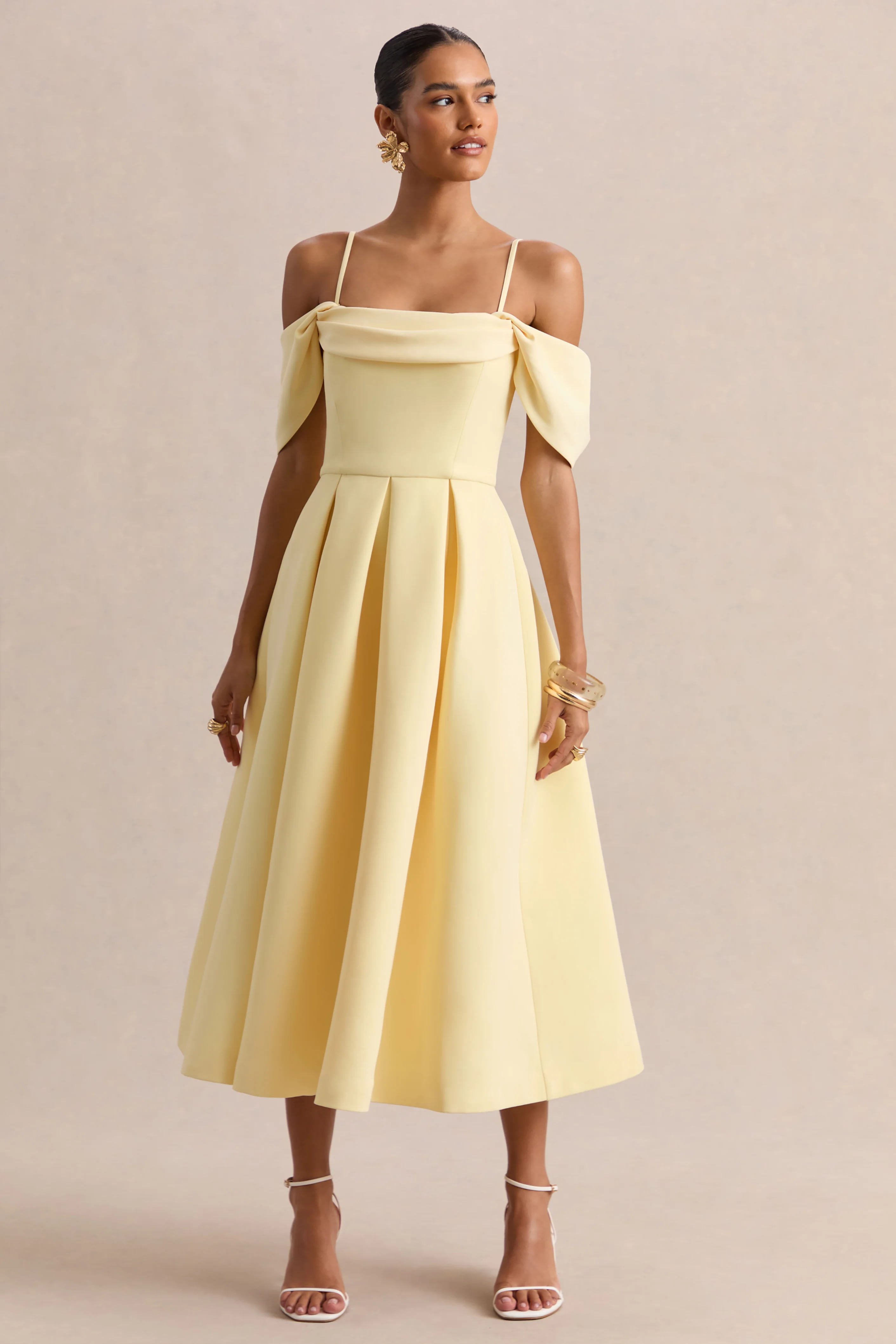 Cosima | Lemon Bardot-Neck Midi Dress - Image 5