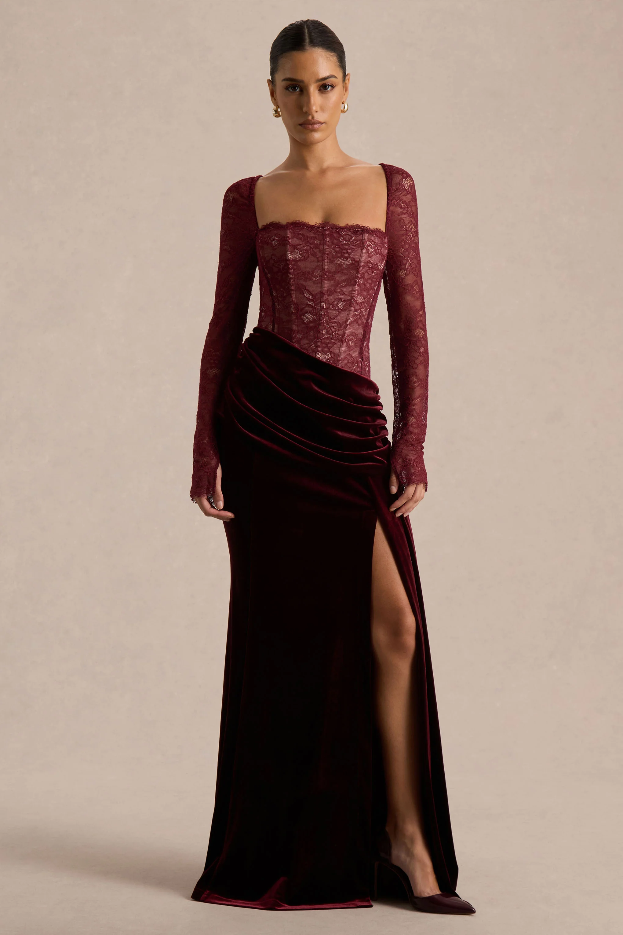 Finesse | Burgundy Lace And Velvet Square-Neck Maxi Dress With Draped Skirt - Image 3