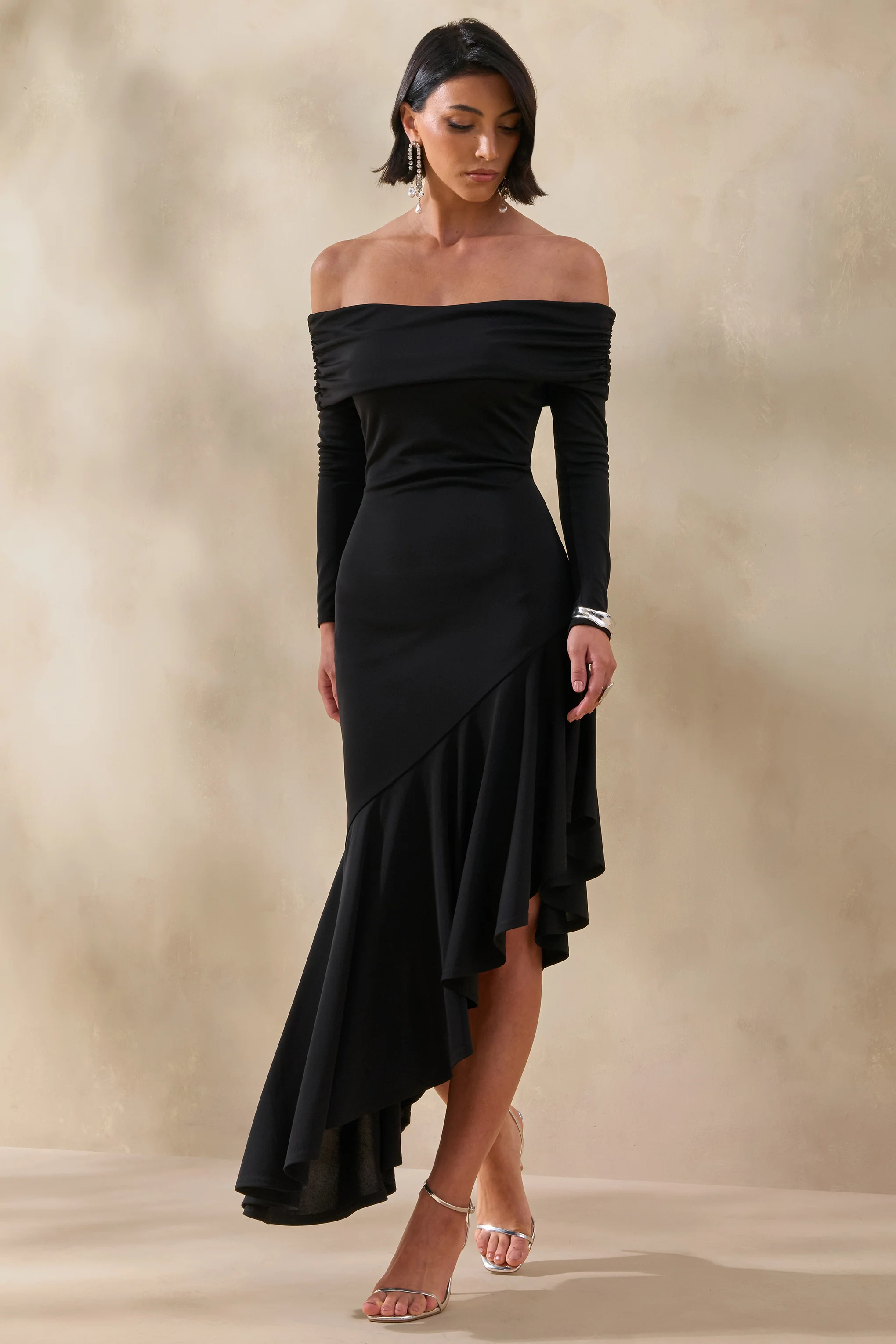 Goldara | Black Bardot-Neck Maxi Dress With Ruffled Asymmetric-Hem - Image 4