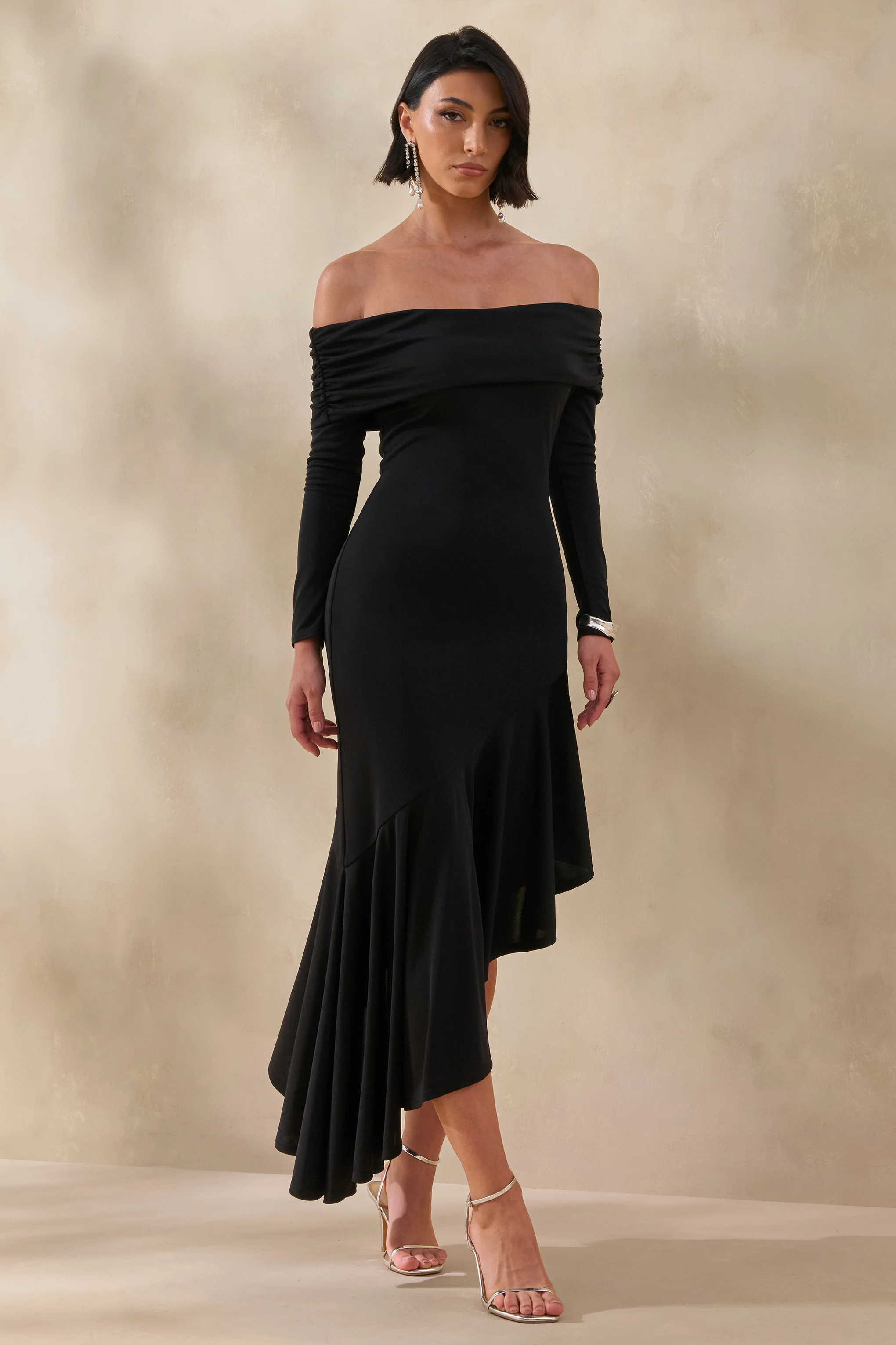 Goldara | Black Bardot-Neck Maxi Dress With Ruffled Asymmetric-Hem - Image 5
