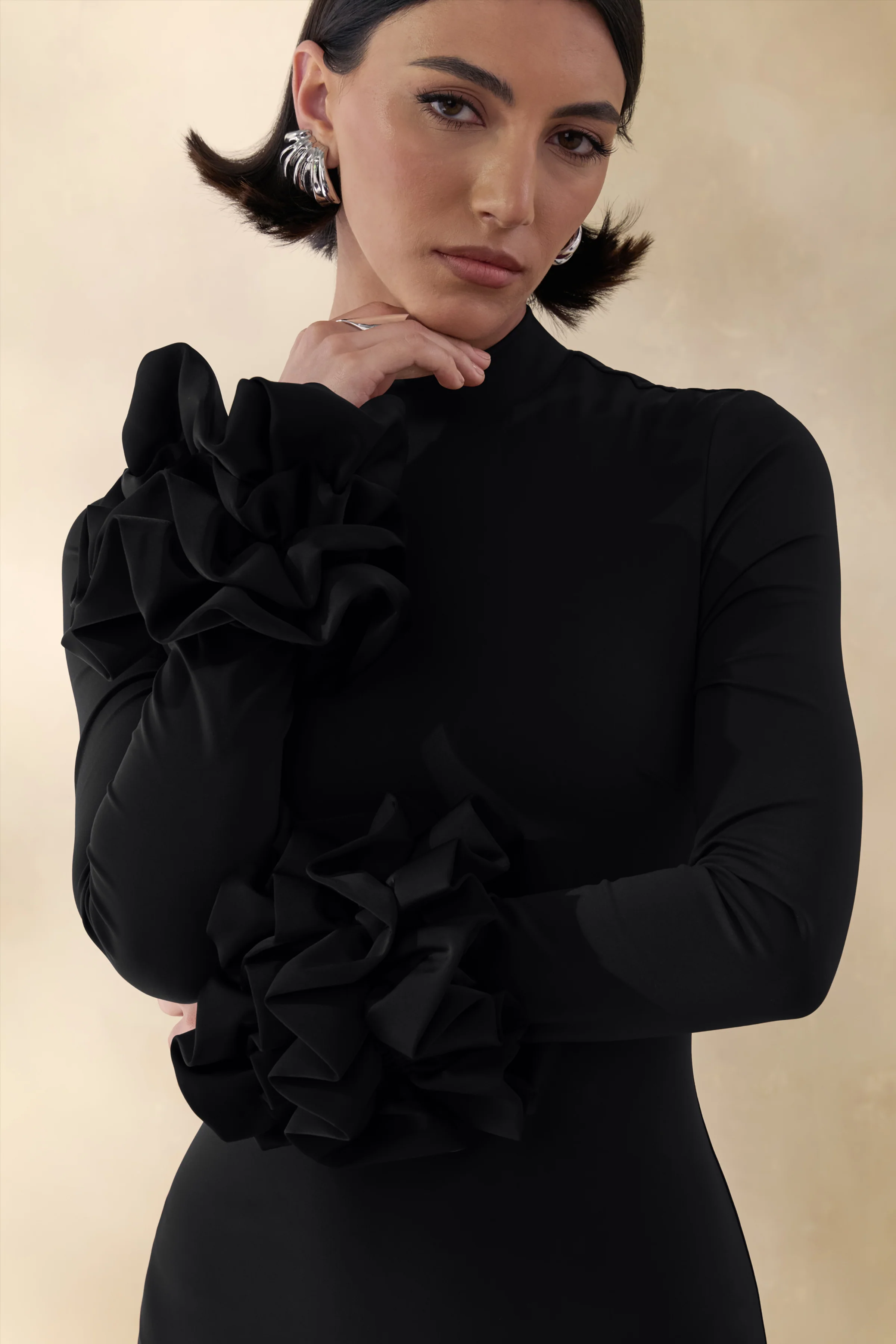 Jaselle | Black High-Neck Maxi Dress With Ruffled Satin-Cuffs - Image 3