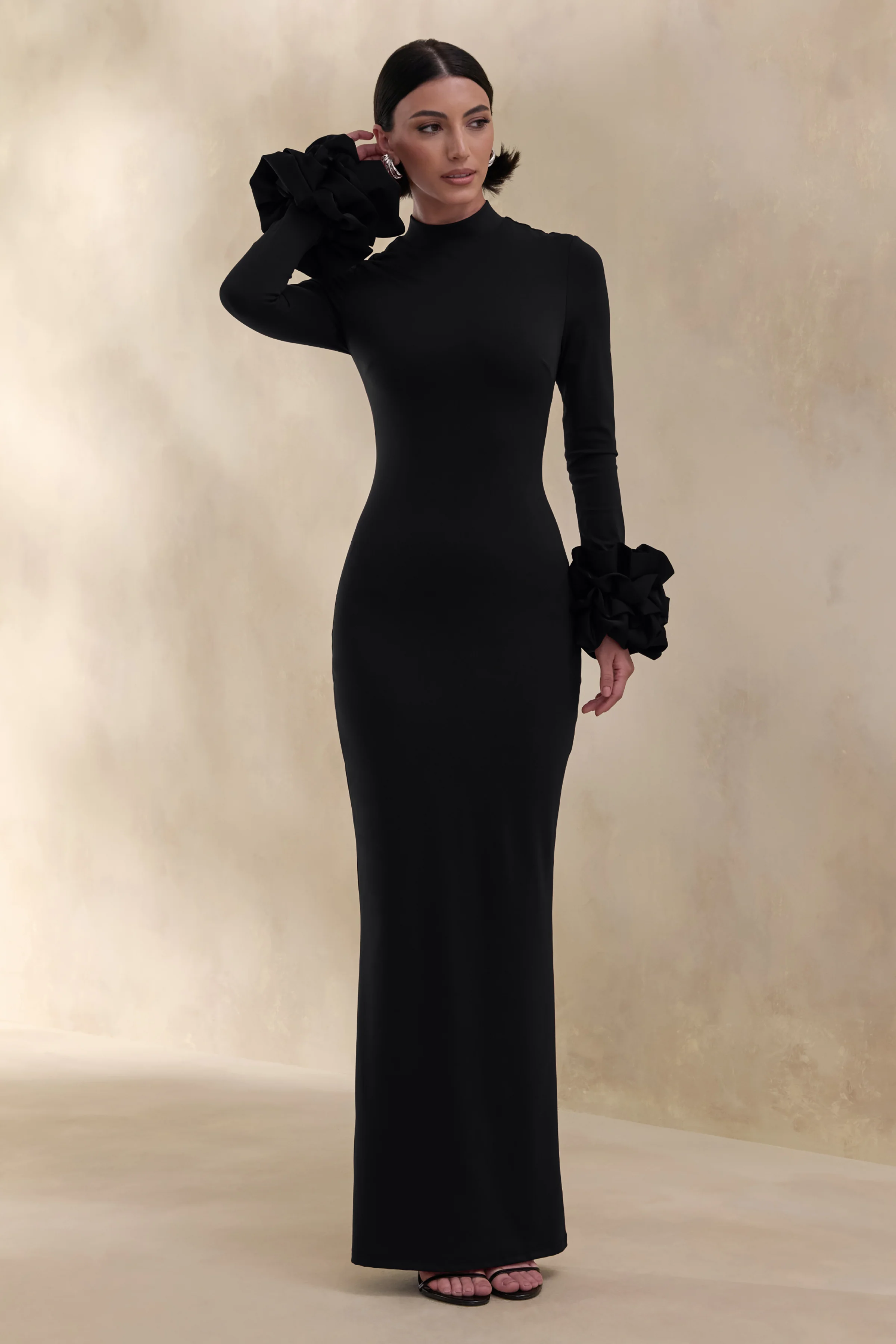 Jaselle | Black High-Neck Maxi Dress With Ruffled Satin-Cuffs - Image 4