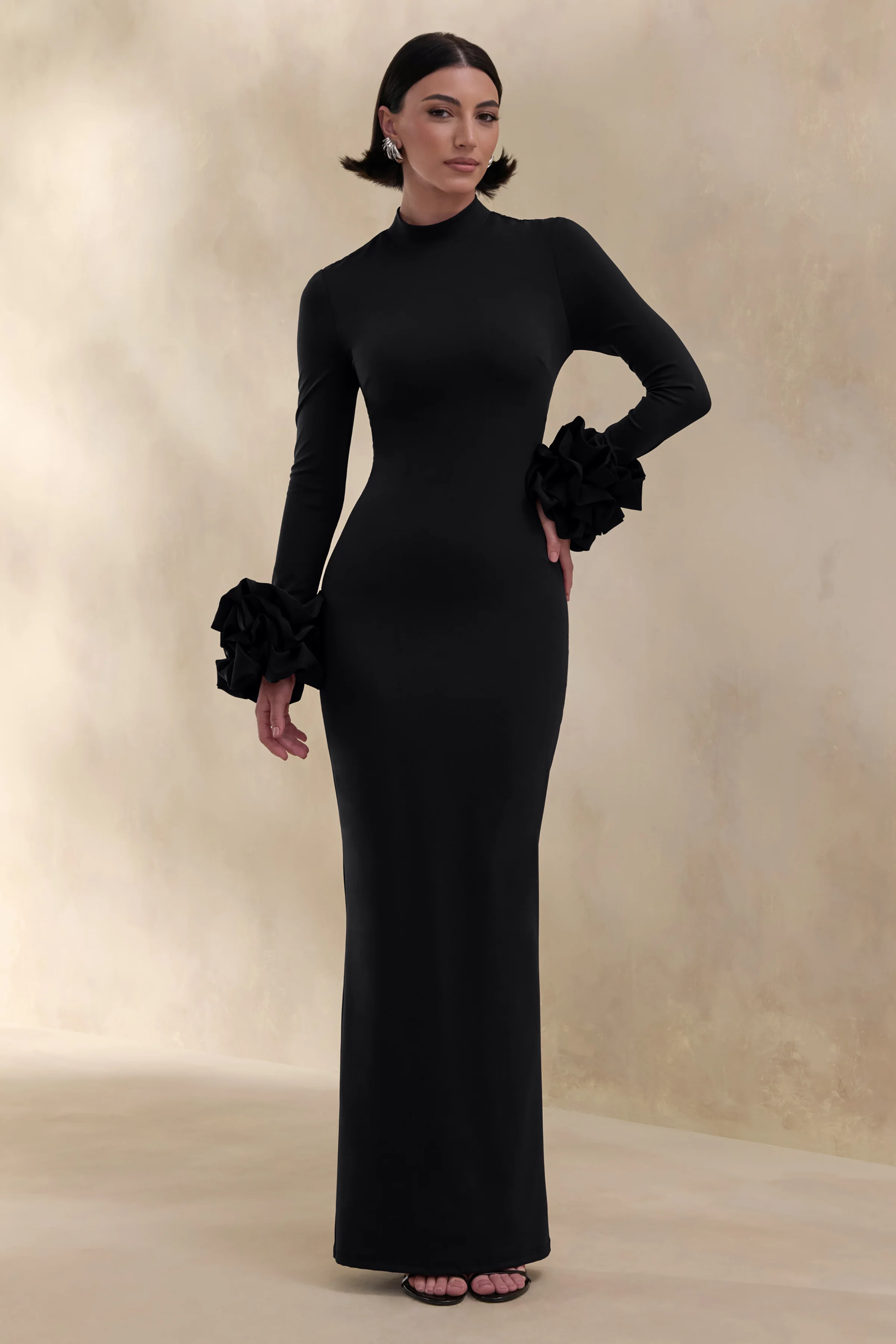 Jaselle | Black High-Neck Maxi Dress With Ruffled Satin-Cuffs - Image 5