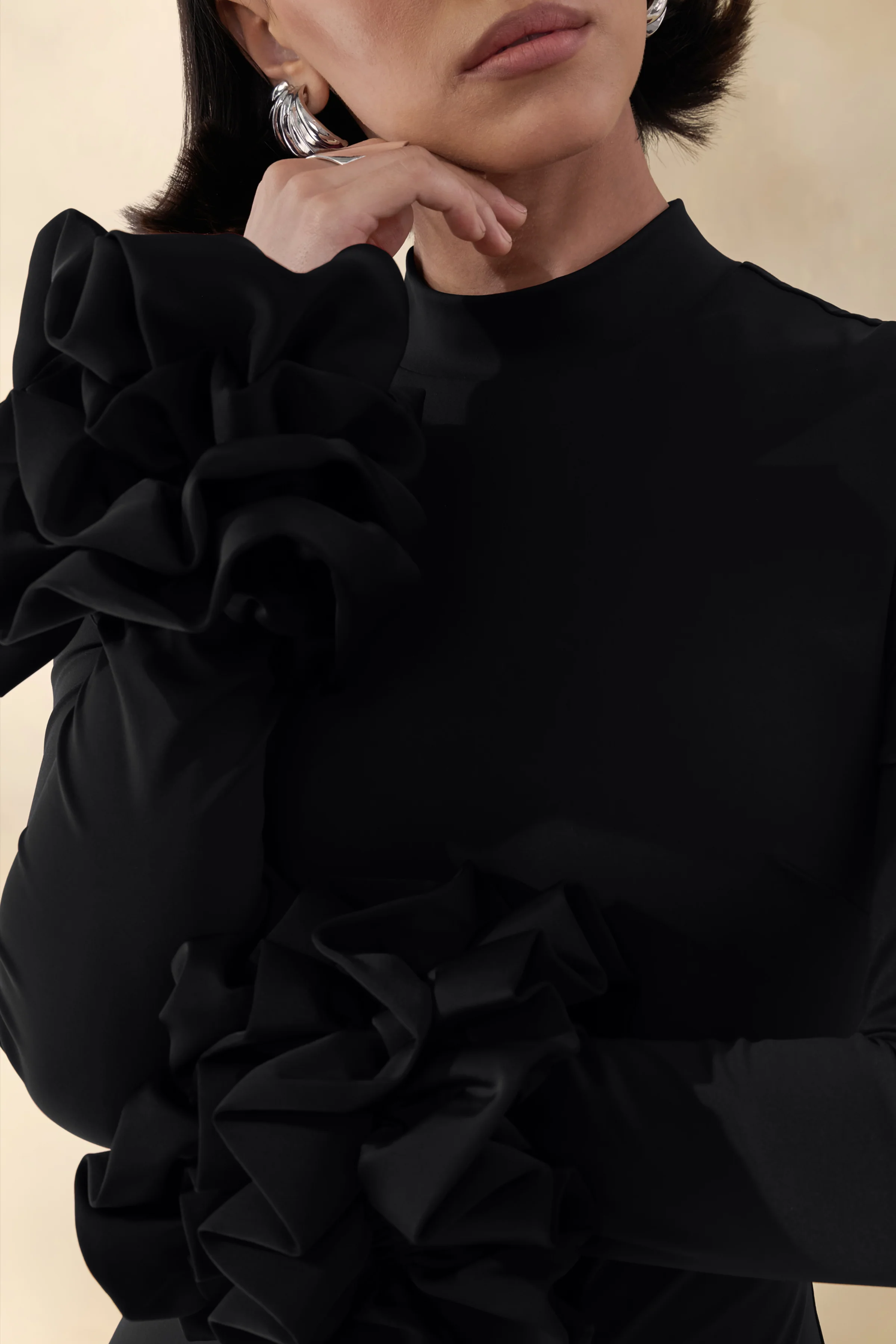 Jaselle | Black High-Neck Maxi Dress With Ruffled Satin-Cuffs - Image 6
