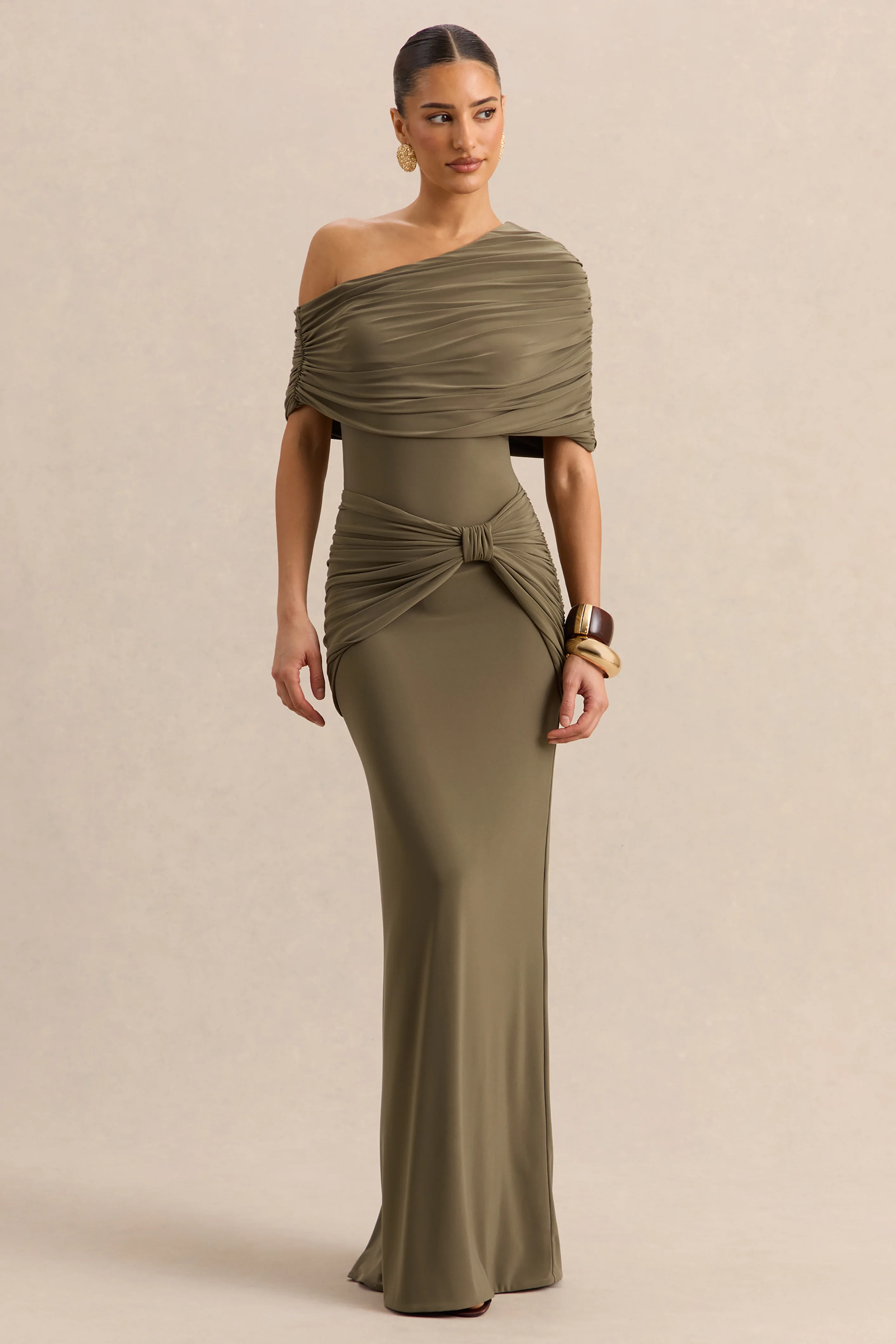 Larelle | Khaki Asymmetric-Neck Bodysuit With Ruched-Detailing - Image 4
