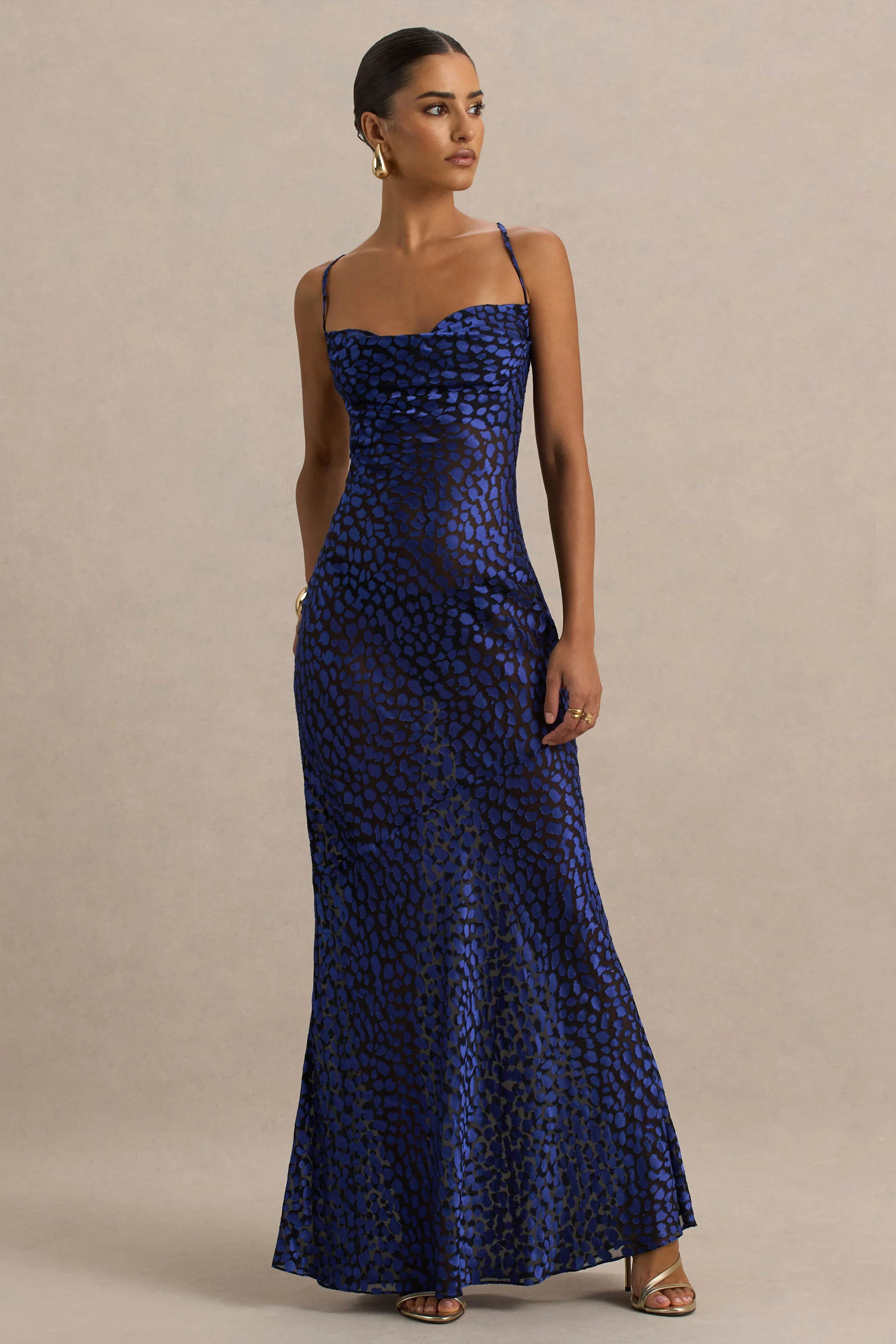 Marya | Blue Leopard Print Cowl-Neck Slip-Maxi Dress - Image 5