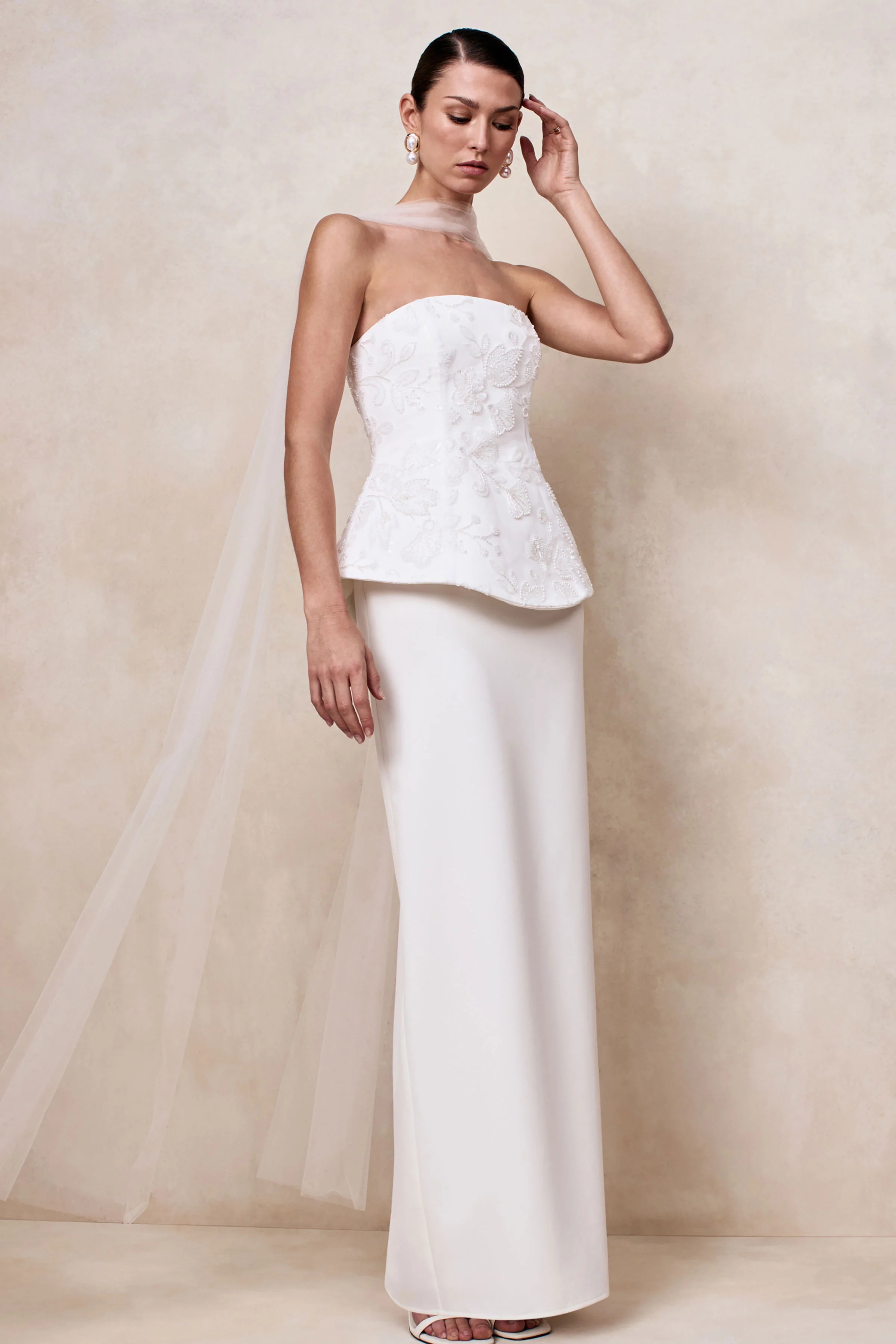Naira | White Satin Bandeau Corset Maxi Dress - Image 7