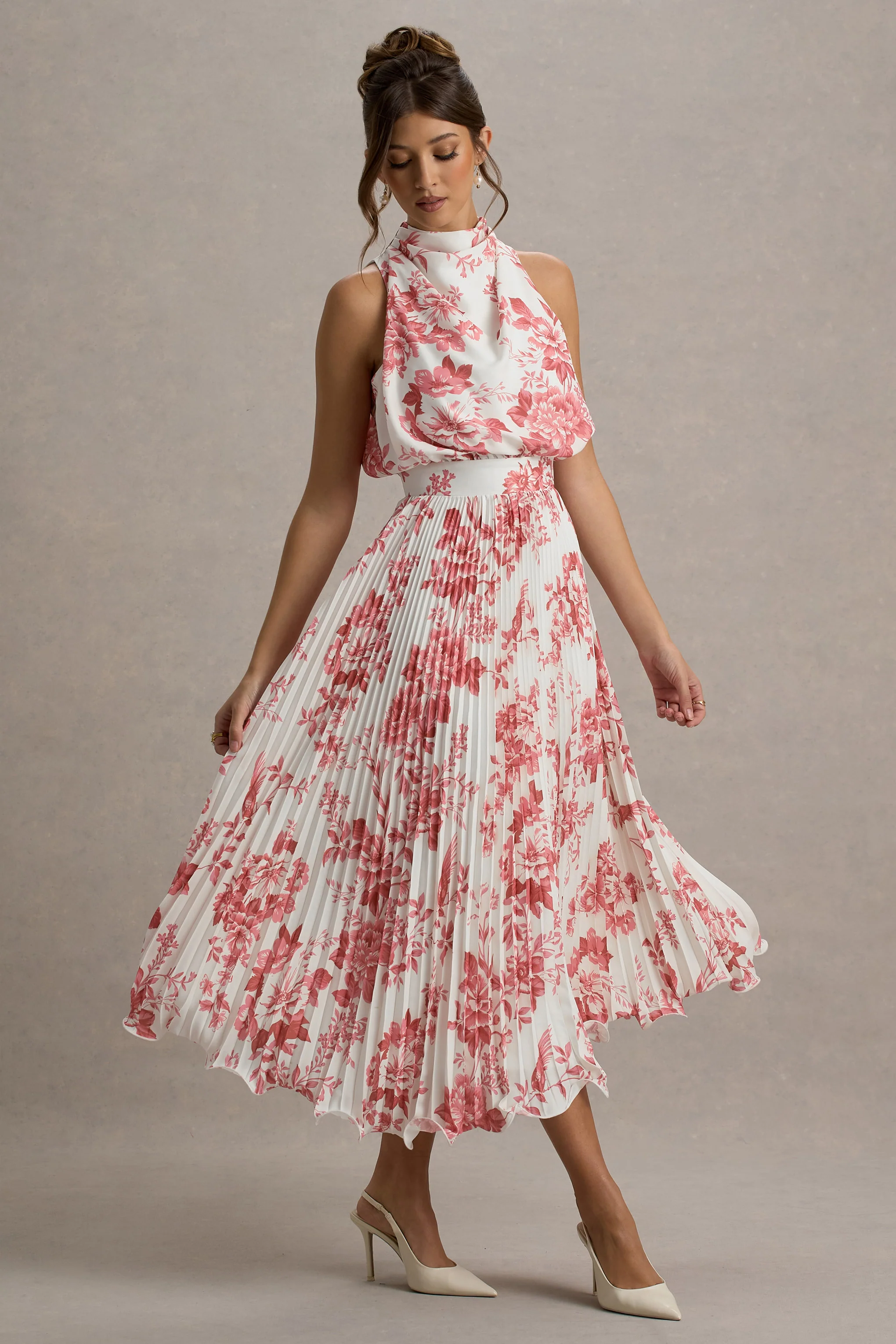 Nila | Pink Porcelain Print Cowl-Neck Midi Dress With Plisse Skirt - Image 4