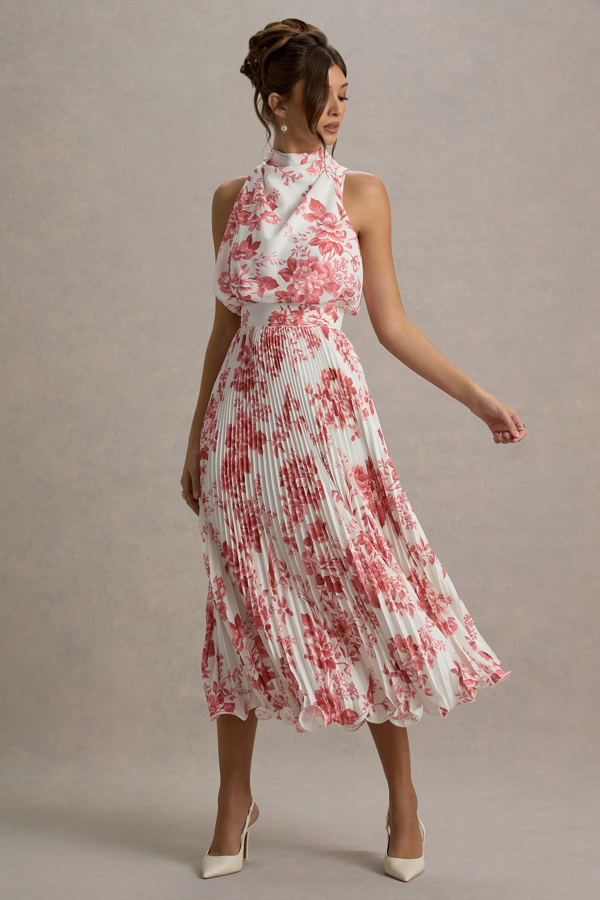 Nila | Pink Porcelain Print Cowl-Neck Midi Dress With Plisse Skirt - Image 5