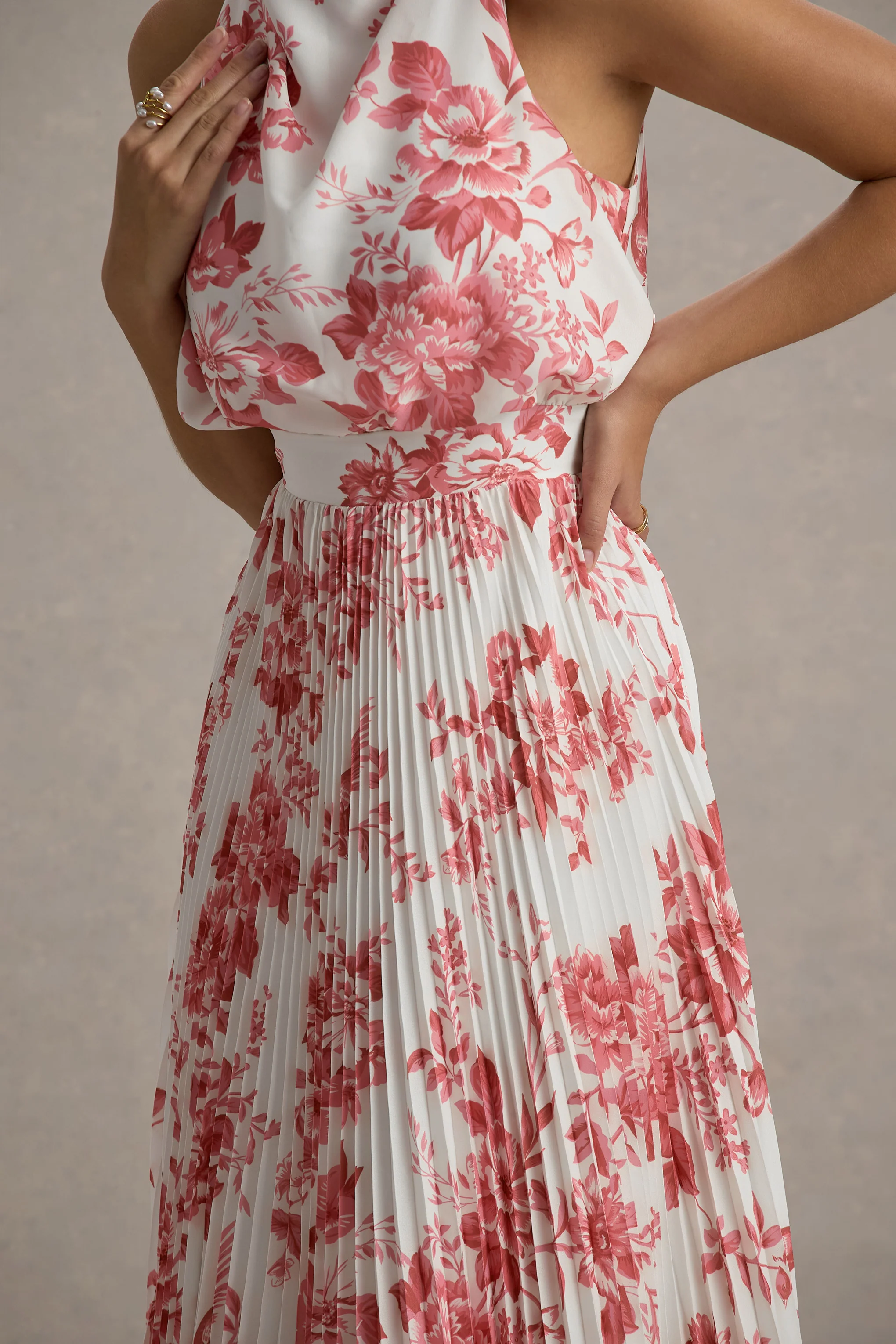 Nila | Pink Porcelain Print Cowl-Neck Midi Dress With Plisse Skirt - Image 7