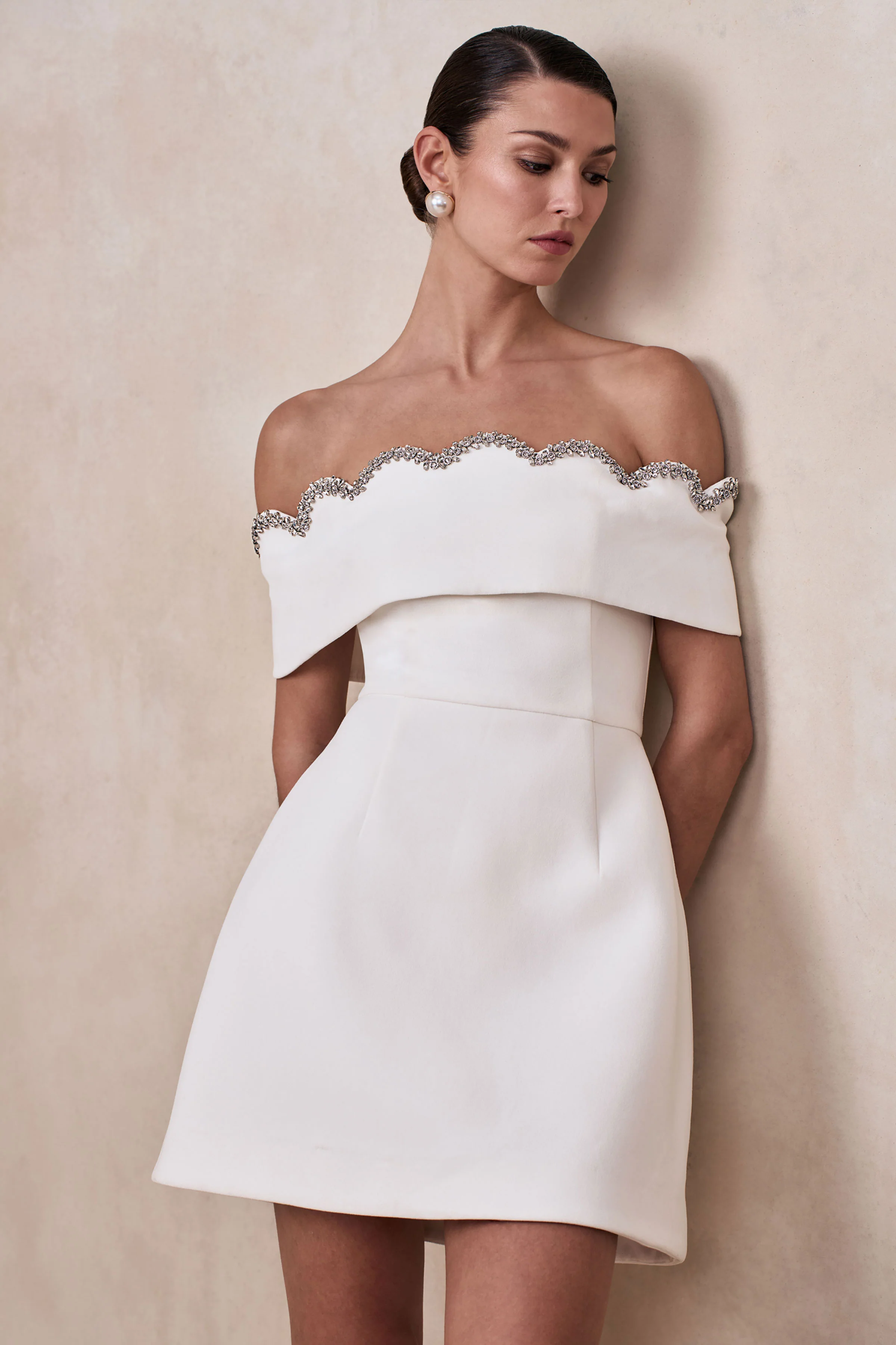 Norella | White Scalloped Bardot-Neck Mini Dress - Image 3